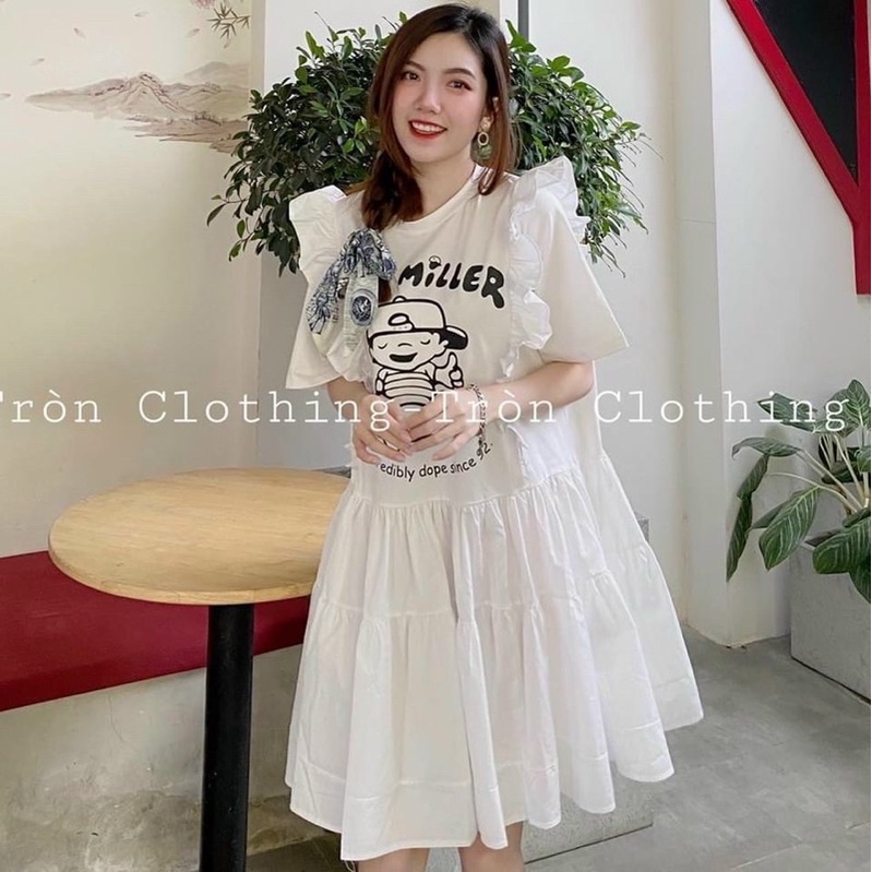 Đầm babydoll viền bèo in hình baby form rộng bầu bì bon chen che bụng che đùi big size siêu xinh