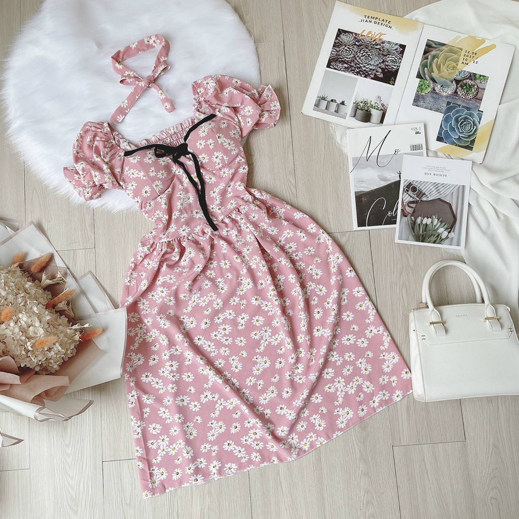 đầm hoa cúc xinh kèm nơ đeo cổ xinh xinh