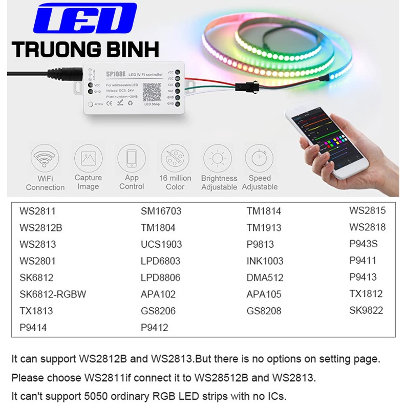 SP108E BỘ ĐIỀU KHIỂN LED FULL MÀU ARGB WS2812B WS2811 UCS1903 ĐIỀU KHIỂN QUA APP MOBILE WIFI