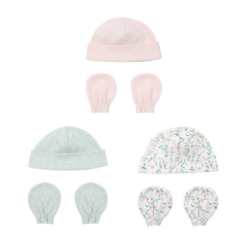 Bộ Găng Tay + Nón + Găng Tay Bằng Cotton Chống Xước Giữ Ấm Cho Bé Sơ Sinh
