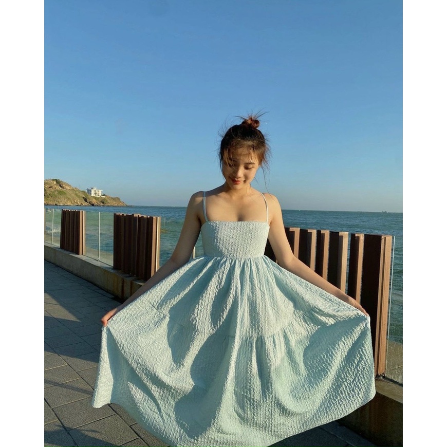 Đầm Cutout 💖DEMISS💖 Váy Babydoll Xanh Hai Dây Cutout Lưng Dáng Dài Dễ Thương - V-Xanh-244