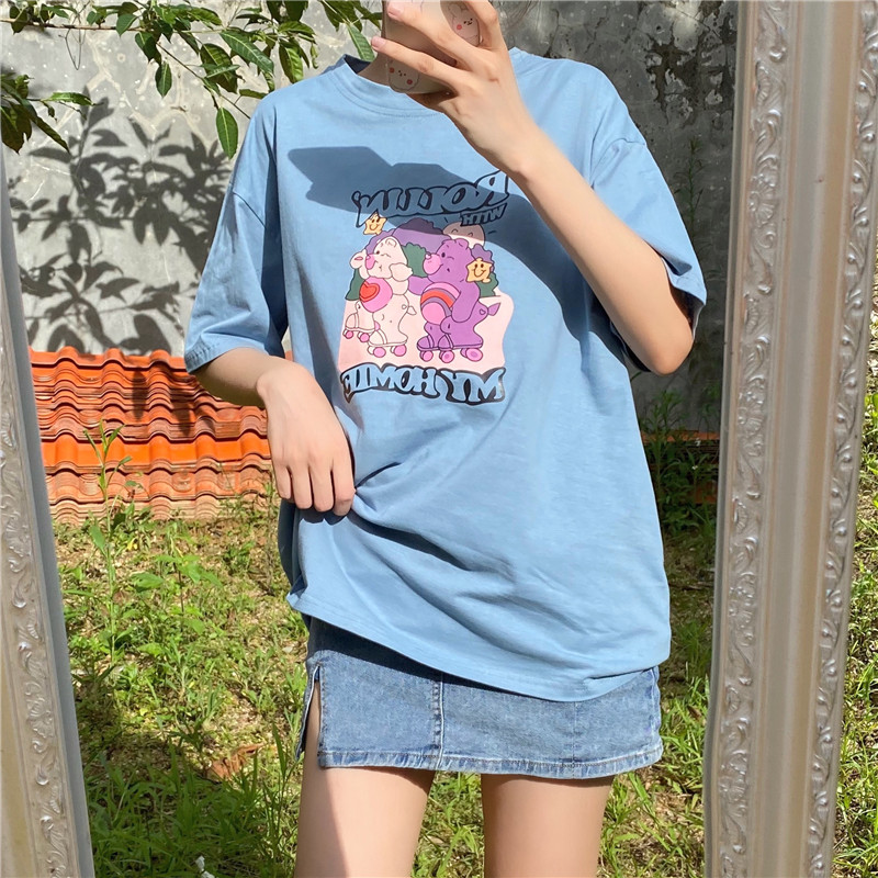 Áo Thun Nữ Tay Ngắn Dáng Rộng In Hình Cá Tính Phong Cách Hàn Quốc