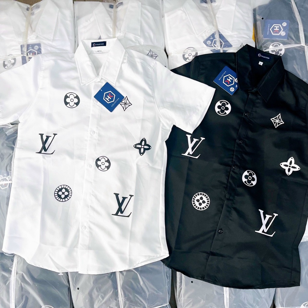 Áo sơ mi nam SORA ngắn tay vải Kate lụa cao cấp thiết kế trẻ trung in chữ "LV Premium" chuẩn thời trang SORA STORE