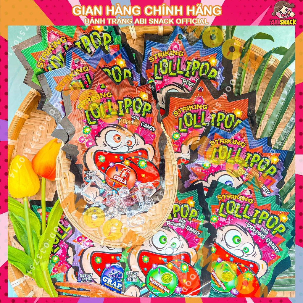 Kẹo mút ngậm nổ các vị cola/dưa hấu/nho Striking Lollipop with Popping Candy HÃNG HỒNG KÔNG GÓI 13.5g