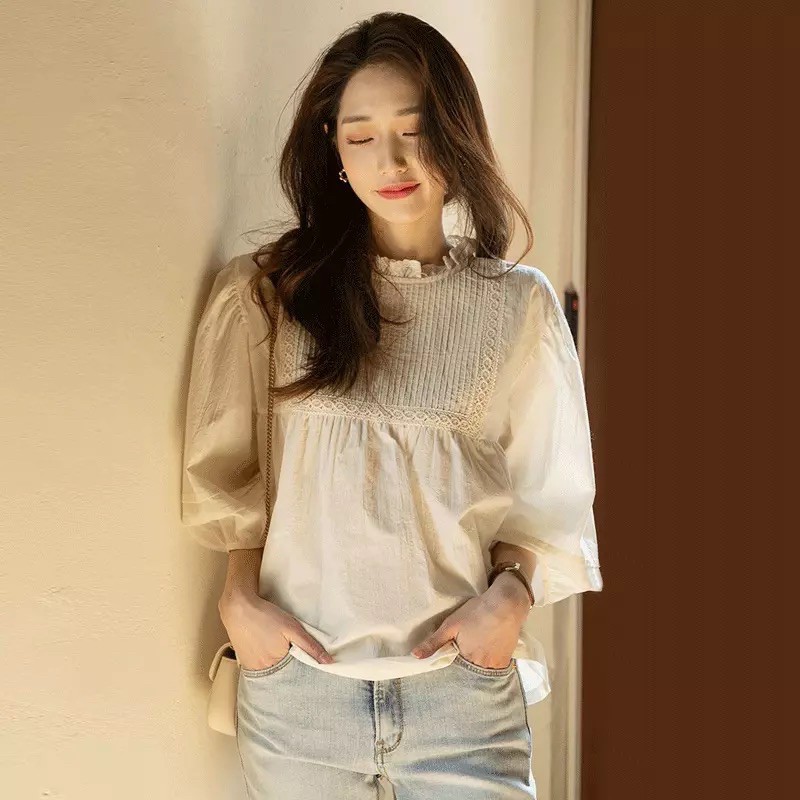 Áo Sơ Mi Nữ Tay Bồng Cổ Viền Ren Xếp Ly Ngực Ullzzang (ẢNH THẬT+VIDEO)