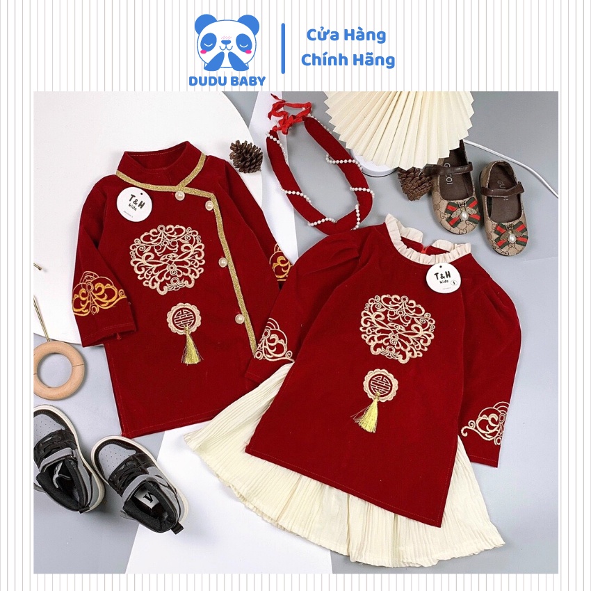 Cặp Áo Dài Cách Tân Cho Bé Dudu Baby Cặp Áo Dài Tết Cho Bé Từ 8-20kg chất liệu nhung đỏ cao cấp