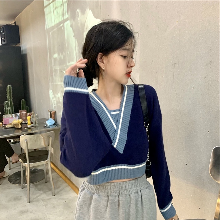 Áo len XIAOZHAINV tay dài cổ chữ V dáng rộng họa tiết sọc ngang năng động phong cách Hàn Quốc thời trang