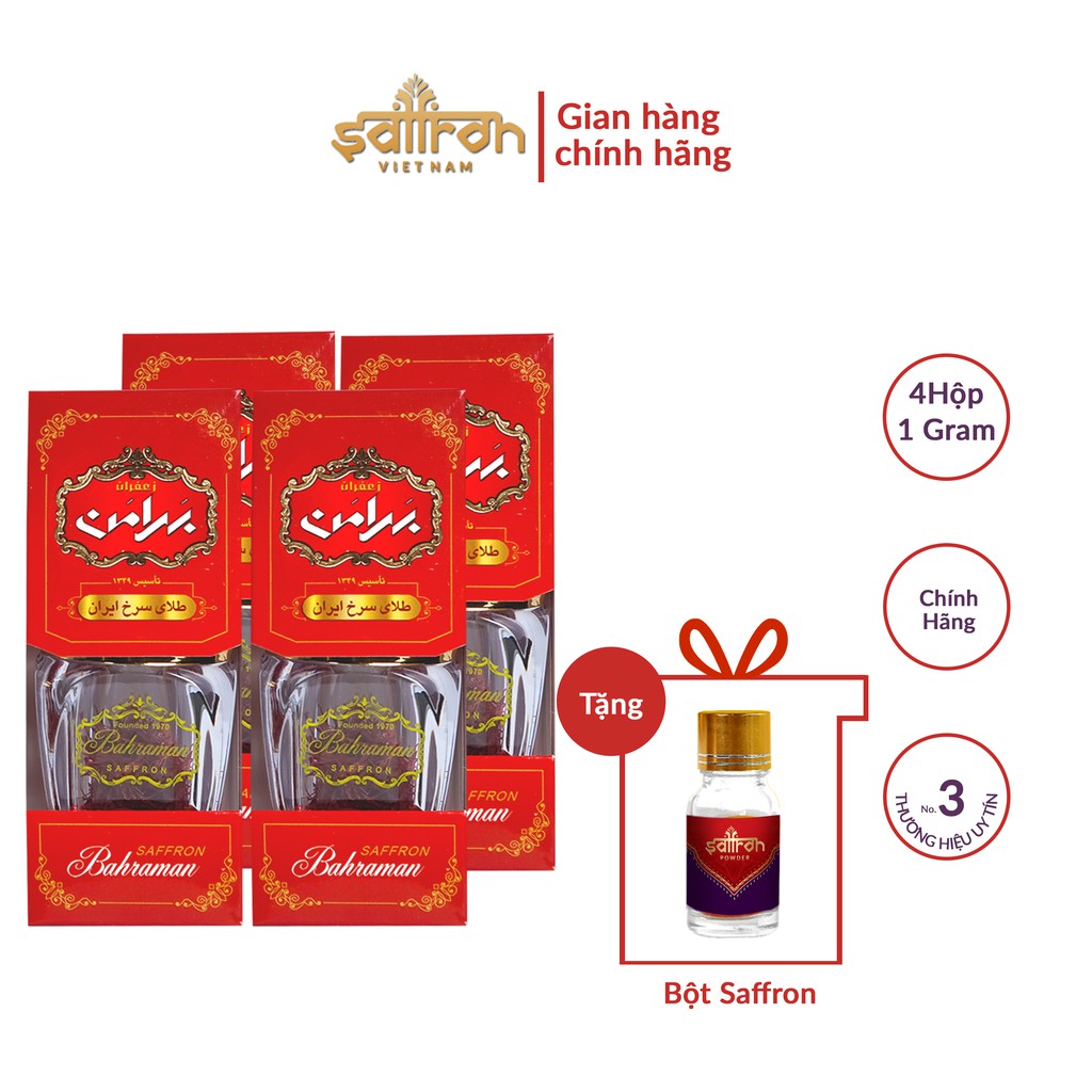 Nhụy Hoa Nghệ Tây Saffron Bahraman 4 hộp 1 gr/hộp tặng Bột Saffron 1gr + Bình đựng 300ml
