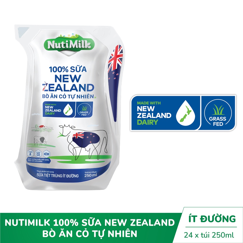 Thùng 24 túi/ bịch NutiMilk 100% Sữa New Zealand Bò ăn cỏ tự nhiên Ít đường túi/ bịch Ecolean 250ml - YOOSOO MALL
