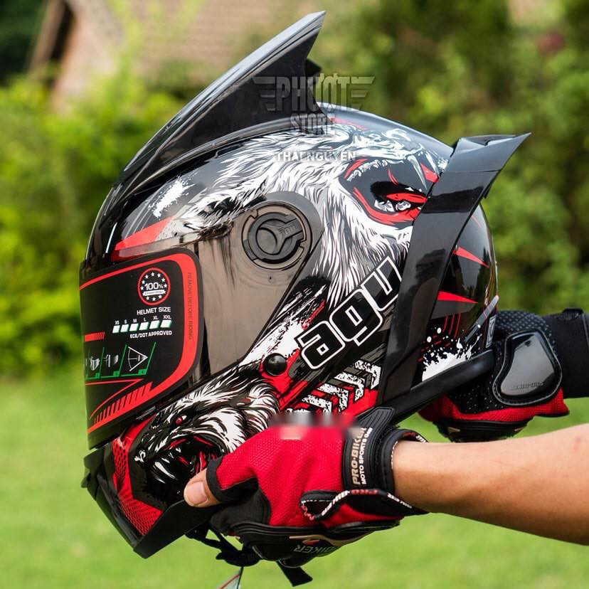 Combo Mũ Nón Bảo Hiểm Fullface AGU Tem Sói + Đuôi Gió + Sừng Rùa AGV - Nhựa ABS Độ Bền Cao BH 12 Tháng