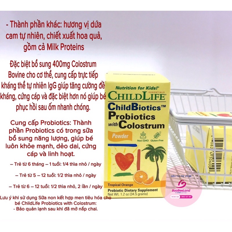Sữa non kết hợp men tiêu hoá cho bé Childlife Probiotics with Colostrum - BAABEELAND