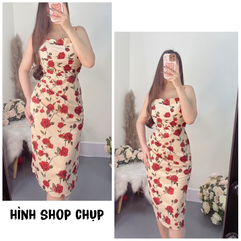 Váy Đầm Nữ  2 dây dự tiệc  in hoa hồng nhún nhẹ nhàng  tôn dáng - Thời Trang VADA