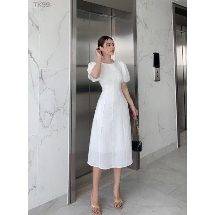 Đầm Dài Viền Cổ Tròn Vải Linen Thái Mịn Có Lót Trong 2 Lớp Thiết Kế Kiểu Tay Phồng Màu Trắng, Đen, Đỏ Nâu Chân Váy MiDi