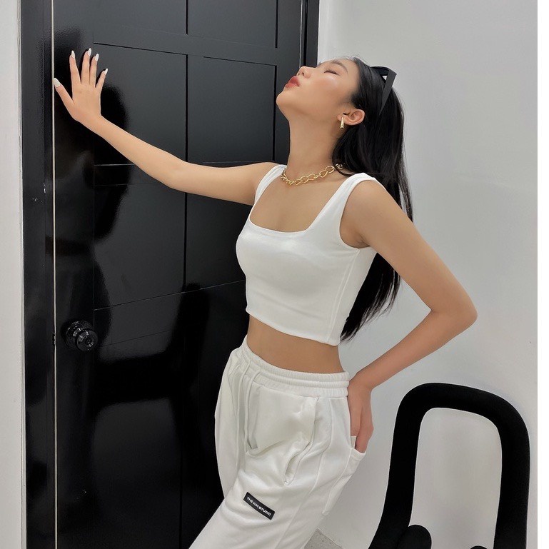 Áo 2 dây nữ bản to cổ vuông Yame Áo croptop hai dây ôm body có mút ngực