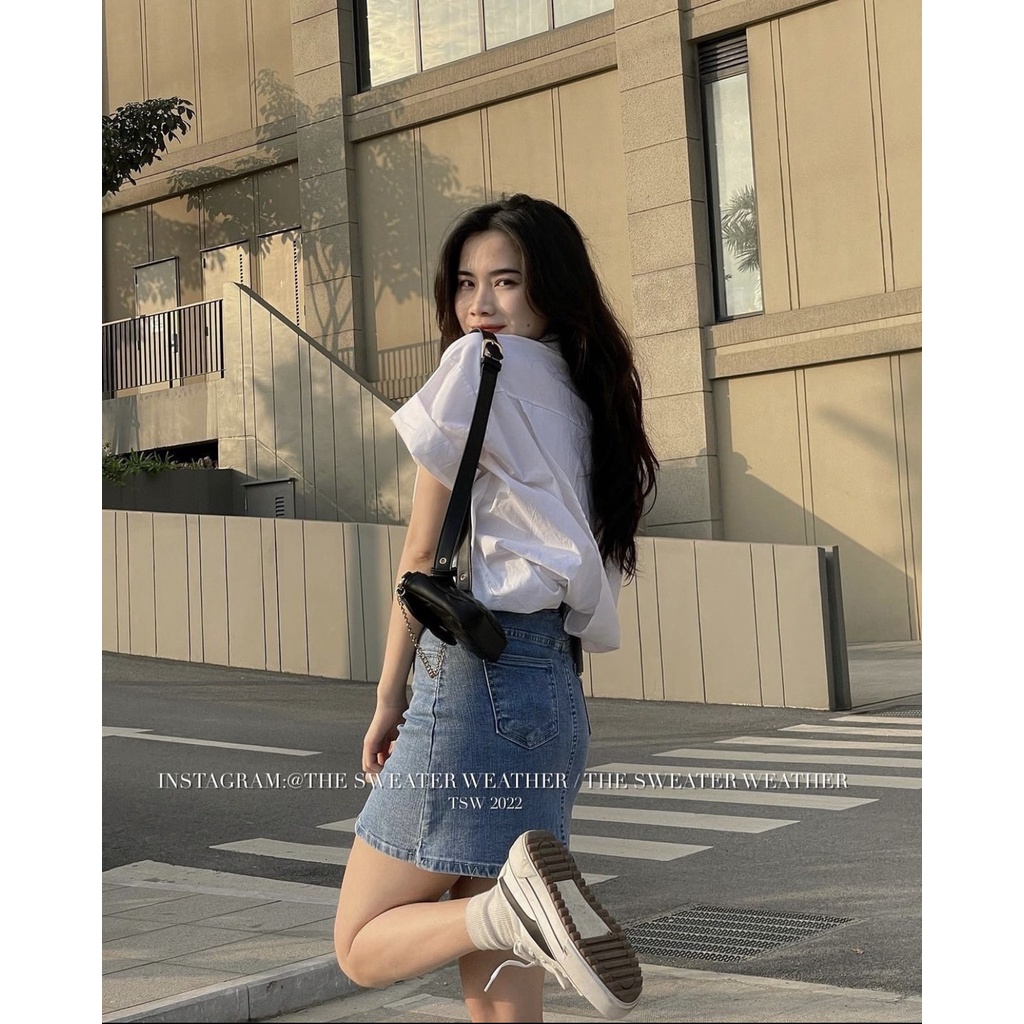 Chân váy jeans chữ A dáng ngắn 2 màu basic