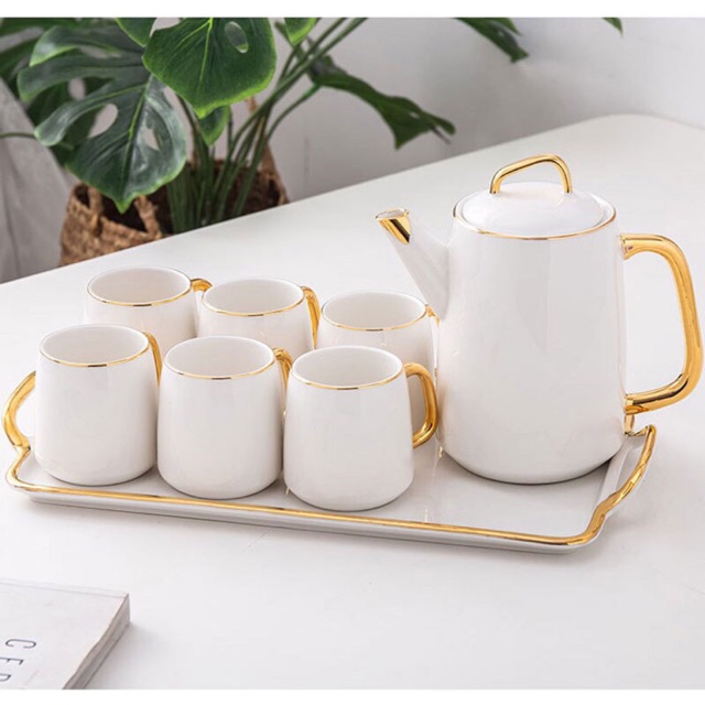 Bộ Bình Cốc Sứ[Cameliia][MINH LONG][MẠ VÀNG 18k]màu trắng nhã nhặn, sang trọng,đẳng cấp,làm quà tặng cực kỳ hợp lý