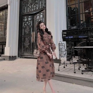 Đầm Váy Dáng Suông Đính Nút Họa Tiết Tay Dài Cổ Cao, Cột Dây Eo Phối Tui Ngực Sang Trong Dạo Phố Dự Tiệc - Winchois