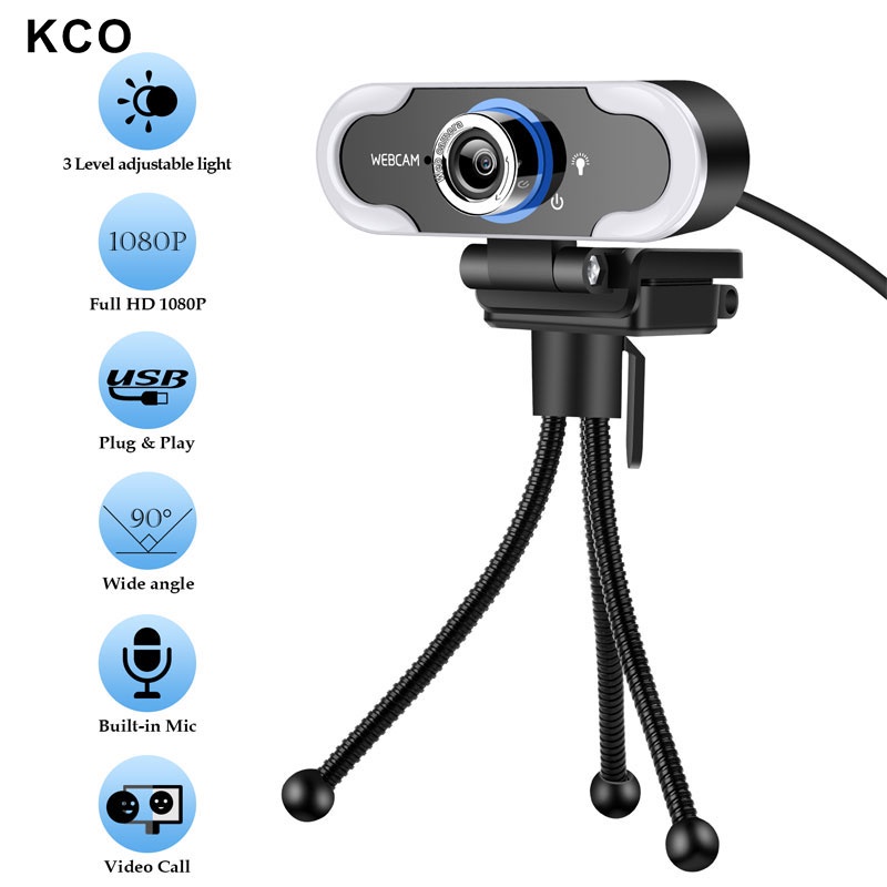 Webcam KCO X15 1080P HD có đèn và micro cho Twitch / máy tính bàn / laptop / Xbox / họp Zoom