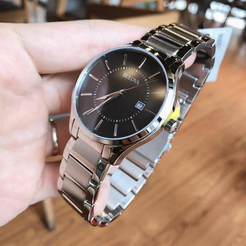Đồng hồ nam Bulova 96B267  dây kim loại sliver, mặt đen, lịch ngày