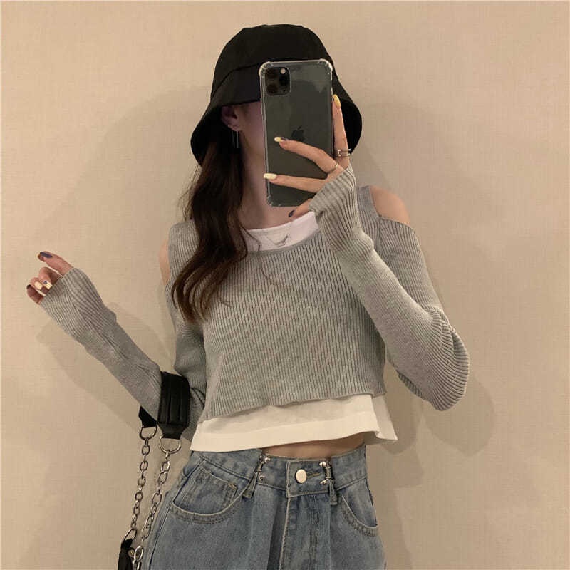 【77】 Áo thun tay dài giả hai lớp phong cách phương tây thời trang xuân thu Hàn Quốc mới cho nữ 2021