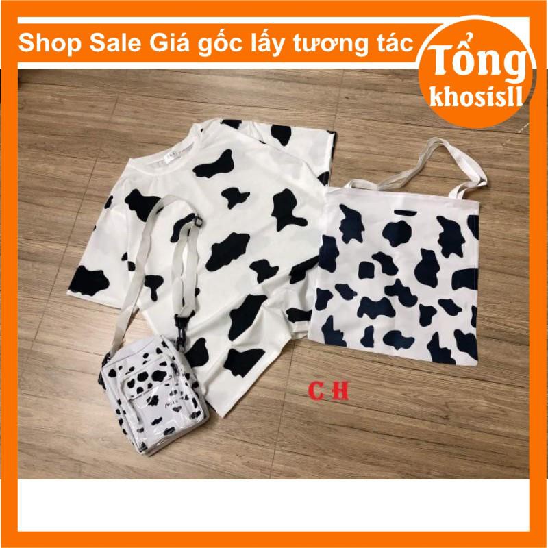 đồ bò sữa gồm áo thun loang bò sữa chất cotton tay lỡ + túi tote + túi đeo chéo