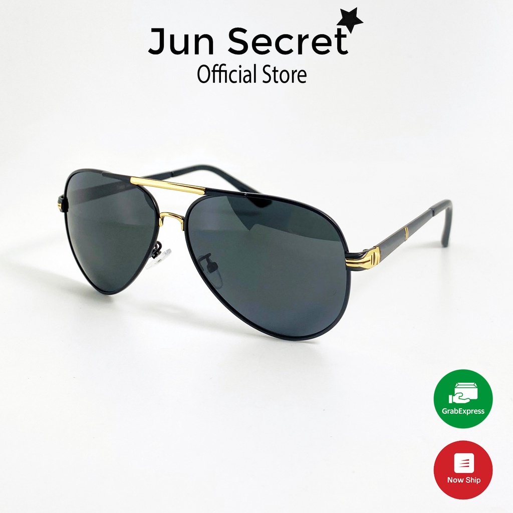 Kính mát nam thời trang cao cấp Jun Secret kiểu kính phi công, tròng đen Polaroid chống nắng, chống tia UV JS70A68đen