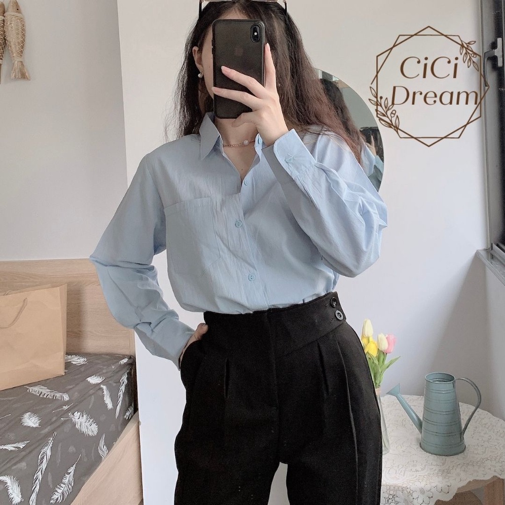 Áo sơ mi nữ trơn tay dài cổ đức dáng rộng đuôi tôm chất thô lụa, áo sơ nữ form rộng đuôi tôm trơn dài tay công sở