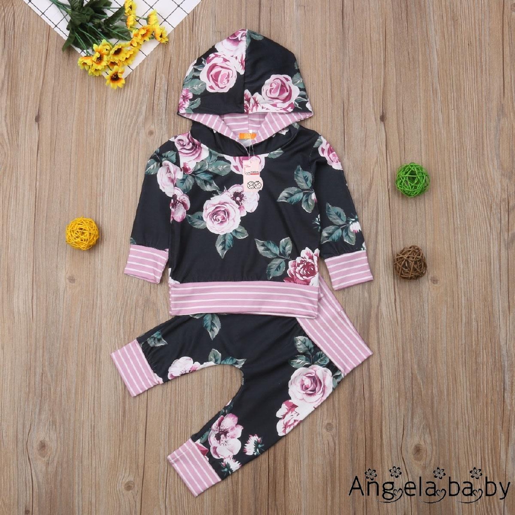 Set áo hoodie + quần dài in hoa dễ thương cho trẻ sơ sinh