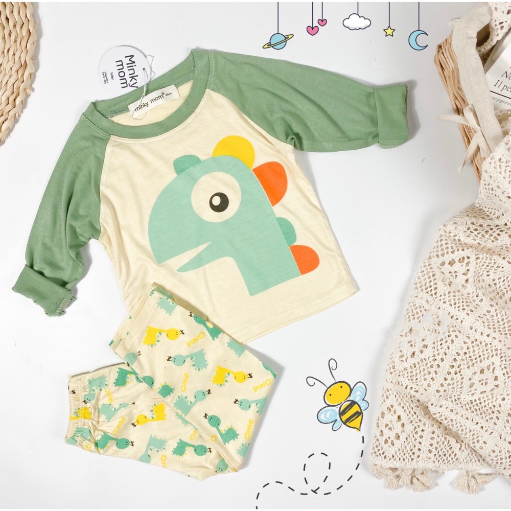 Bộ dài tay thun lạnh cổ tròn in hình động vật đáng yêu cho bé trai và bé gái  8-18kg