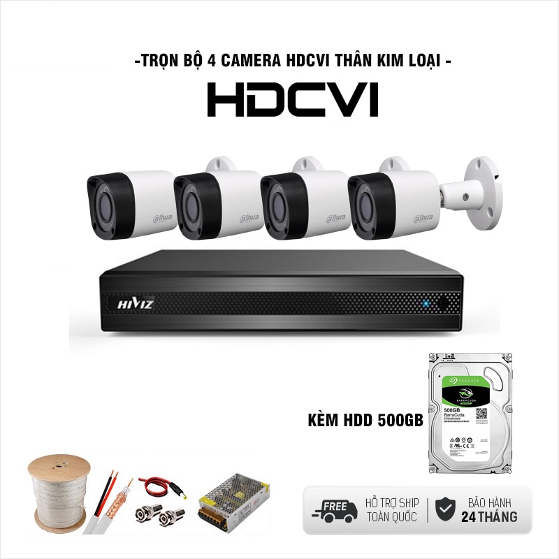 TRỌN BỘ 4 CAMERA GIÁM SÁT HDCVI SIÊU NÉT GÓC RỘNG, KÈM HDD 500GB &amp; ĐỦ PHỤ KIỆN KÈM THEO - CHÍNH HÃNG