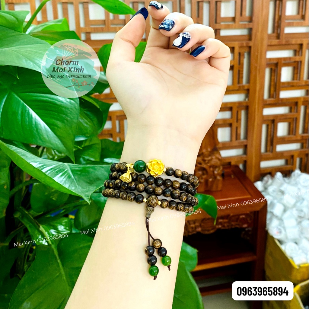Chuỗi Trầm Hương Sánh Chìm 108 Hạt Phối Hoa Sen Bac Phủ Vang + Móc treo Đài Sen - Vòng Tay Hoa Gỗ tự nhiên Nam Nữ