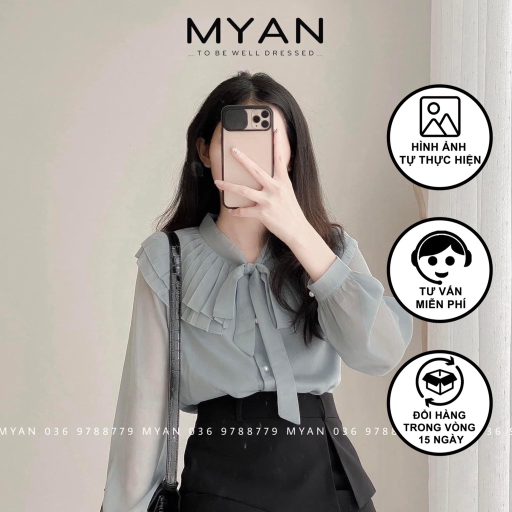 Áo Sơ Mi Nữ Cổ Tàu Trụ - Áo Sơ Mi Thiết Kế Chất Tơ, Dập Ly, Cổ Nơ Viền Bèo Dập Ly (Trắng, Be, Xanh) MYAN - Avn012209
