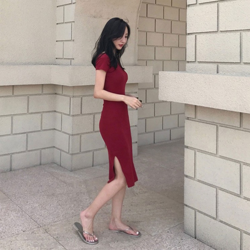 Brroa Đầm Midi Tay Ngắn Cổ Thuyền Dáng Bút Chì Hở Lưng Chéo Màu Trơn Xẻ Tà Bên Hông Gợi Cảm Cho Bạn Gái