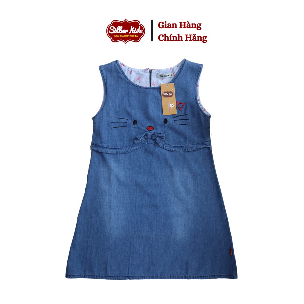 [Mã BMBAU50 giảm 7% đơn 99K] Váy Jeans Bé Gái Thêu Mèo, Phối Nơ Eo SILBER KIDS