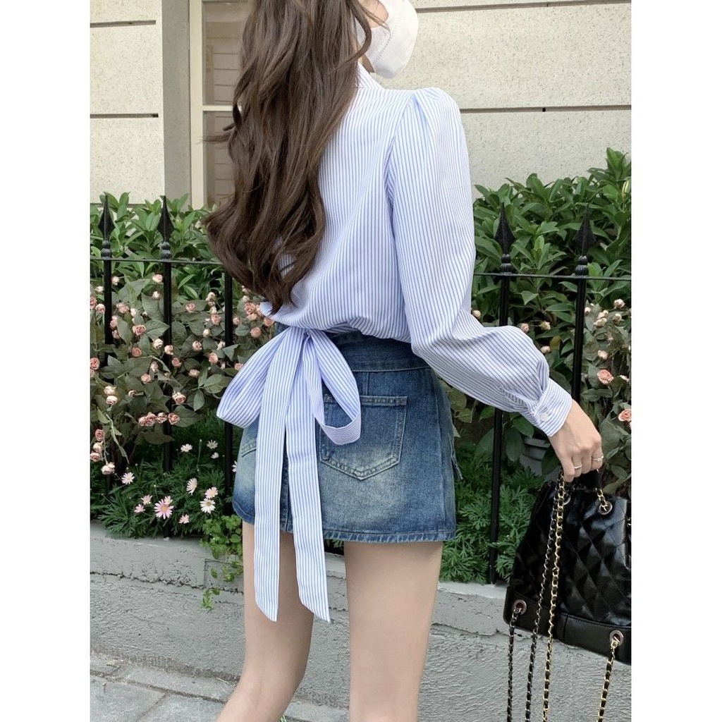 Áo Sơ Mi Nữ Tay Dài Kẻ Sọc Phong Cách Hàn Quốc
