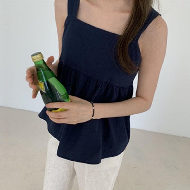 Áo Sơ Mi Không Tay Vải Lanh Cotton Hàn Quốc 175286 Áo Hai Dây Cổ Vuông Đính Nơ Đáng Yêu Cho Bé