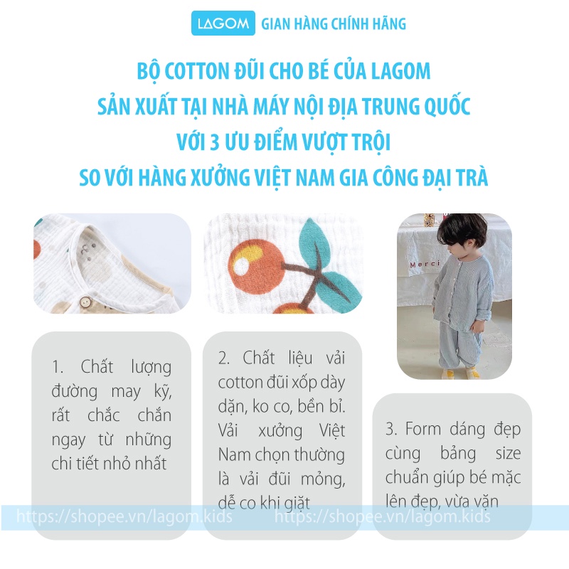 [ĐŨI SỢI TRE] Bộ Dài Tay Bé Trai, Bé Gái Thu Đông | Pijama Cho Bé Vải Đũi Muslin Cao Cấp Lagom