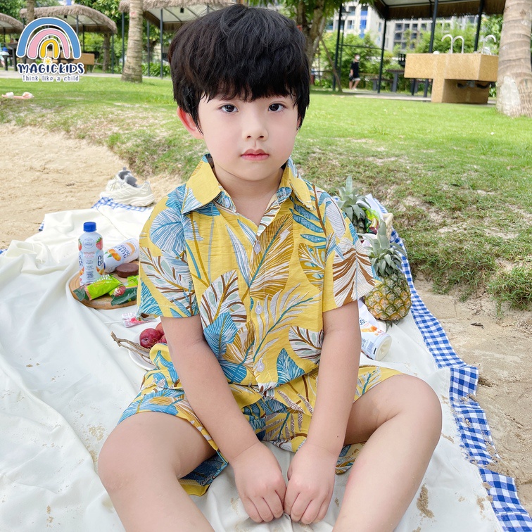 Đồ bộ đi biển bé trai bé gái 1 2 3 4 5 6 7 8 tuổi Magcikids Áo sơ mi quần đùi chất tơ đũi mềm mại Quần áo trẻ em BR22005