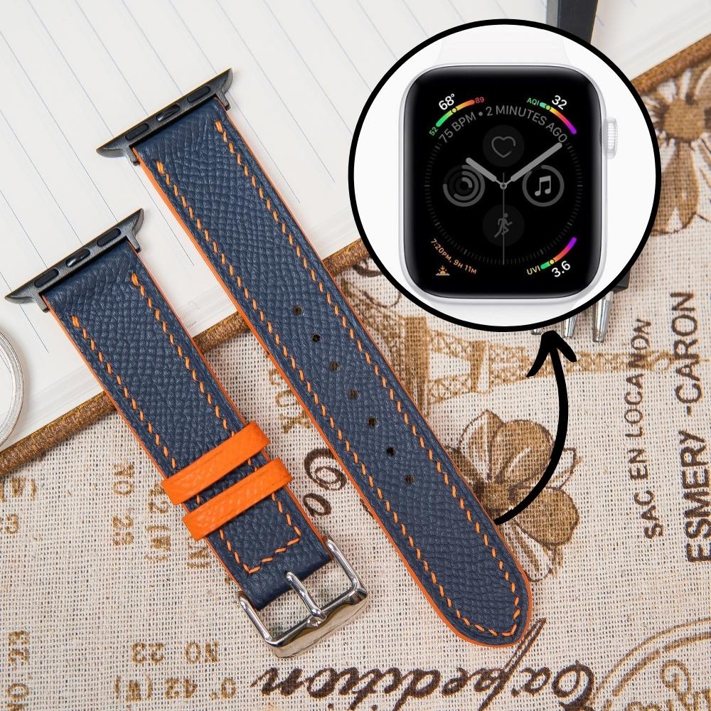 Dây da đồng hồ Apple- Watch seriees 3 4 5 6 Epsom phối màu cam lót Zermatt size 38mm 40mm 42mm 44mm handmade Vnstrap Q48