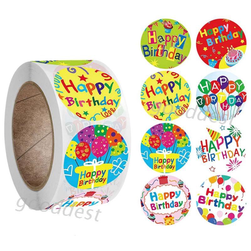 （good） 1 Roll 8 Styles Happy Birthday Round Stickers Party Gift Packaging Seal Labels