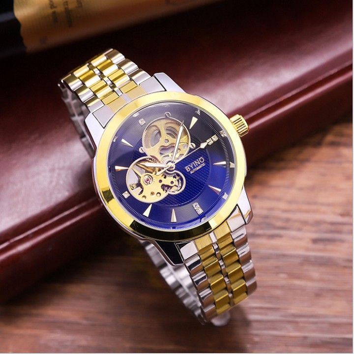 Đồng hồ cơ automatic nam Byino 8082 dây thép không gỉ, mặt vân, cơ lộ máy đẳng cấp