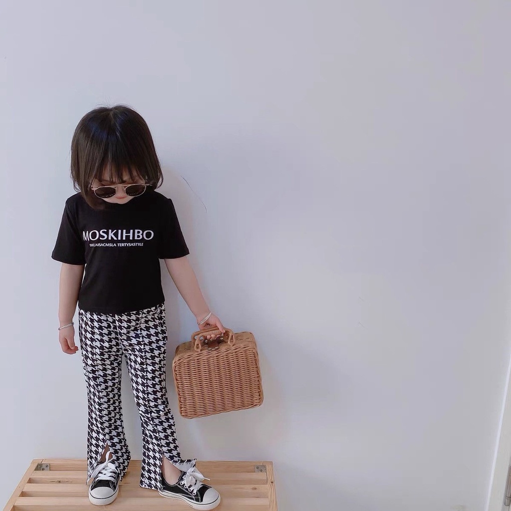 Set Áo Thun Ngắn Tay In Chữ + Quần Dài Lưng Cao Phong Cách Hàn Quốc Thời Trang Mùa Hè Cho Bé Gái