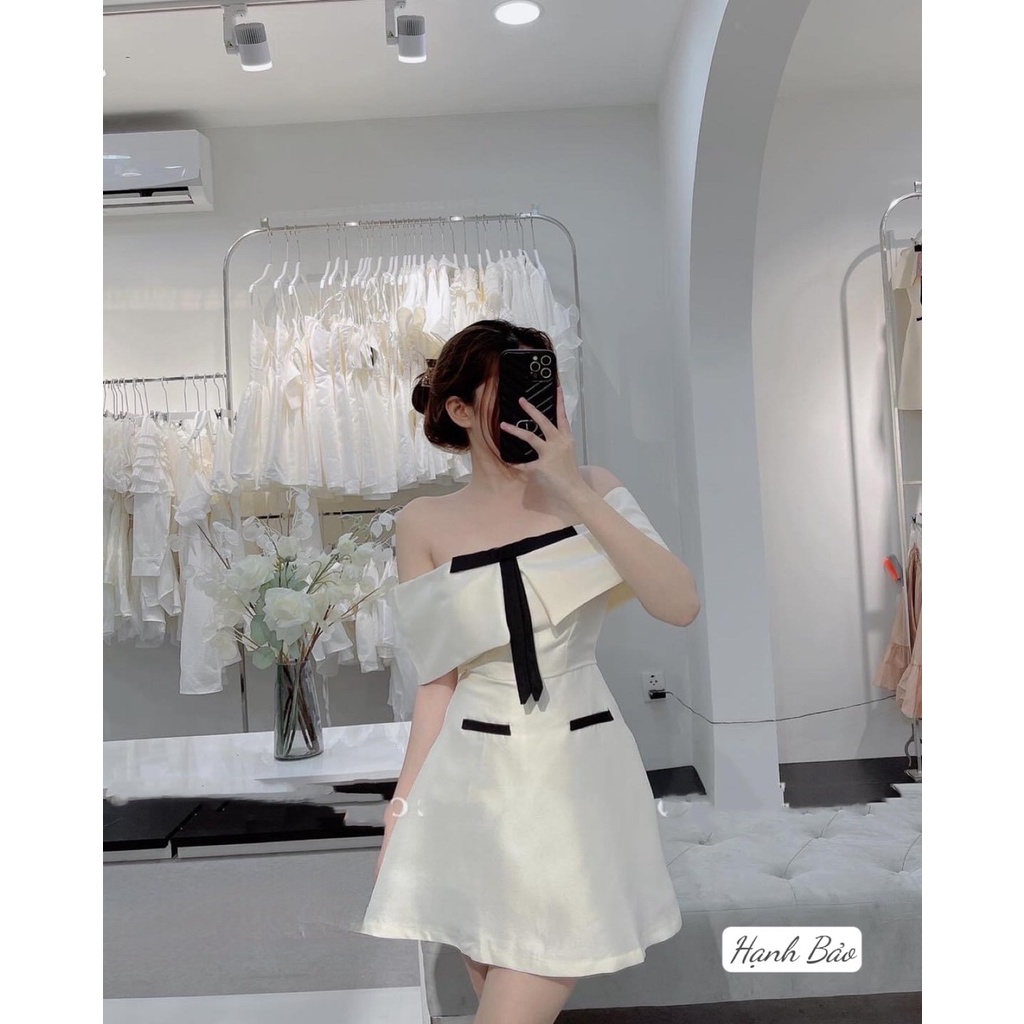 Váy tafta trễ vai nơ ngực 2 túi