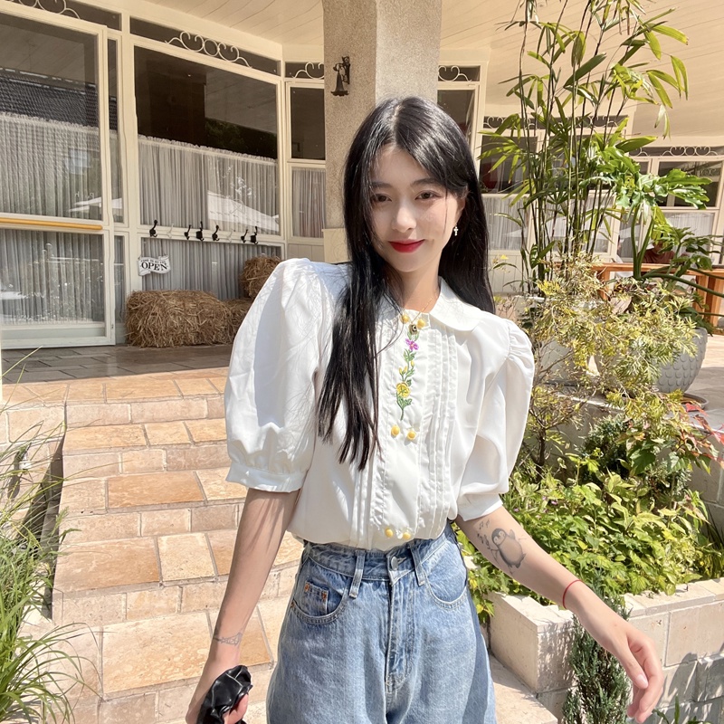 Áo Sơ Mi Ngắn Tay Cổ Búp Bê Thêu Họa Tiết Thời Trang Cho Nữ