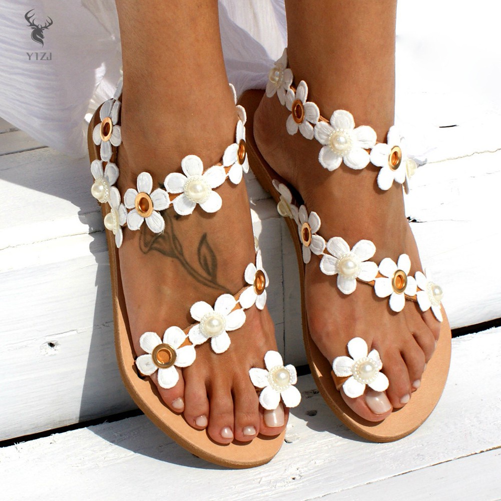 COD&amp; Women Floral Slip On Toe Ring Flat Sandals Summer Ankle Strap Beach Casual Shoes Slipper