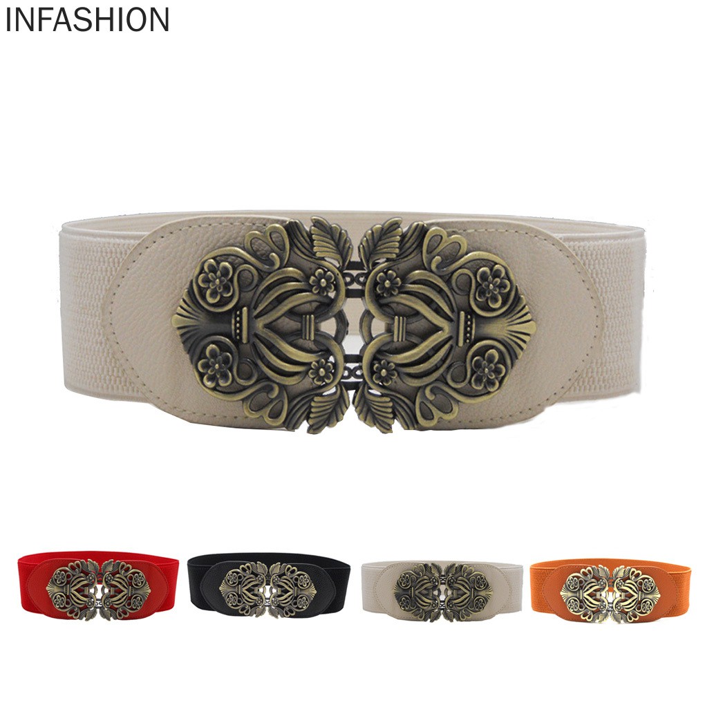 Thắt lưng da bản to khóa kim loại hình hoa cách điệu phong cách vintage thời trang cho nữ