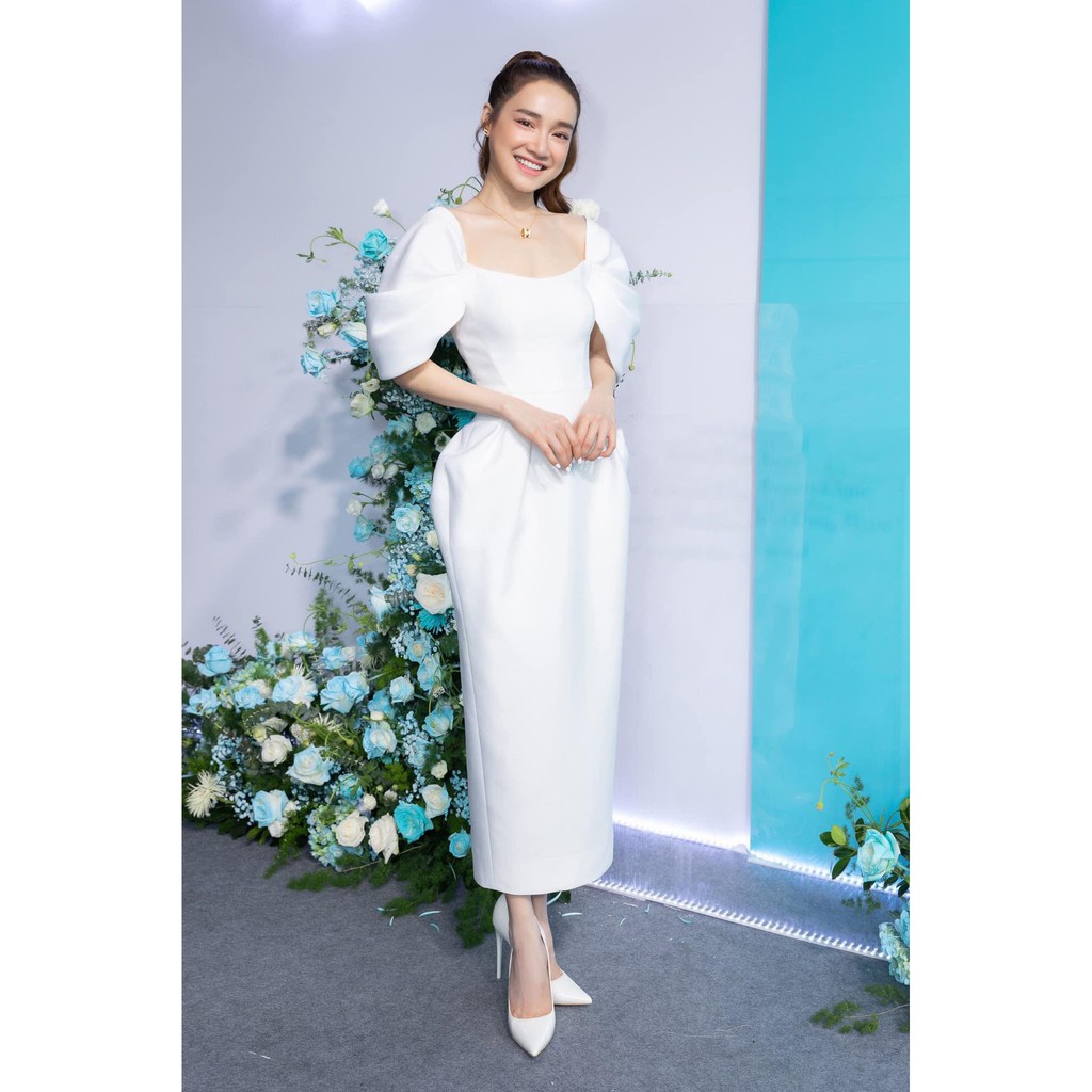 Đầm dự tiệc ôm body kiểu hở vai tay phồng cúp xẻ ngực (HÀNG CAO CẤP)