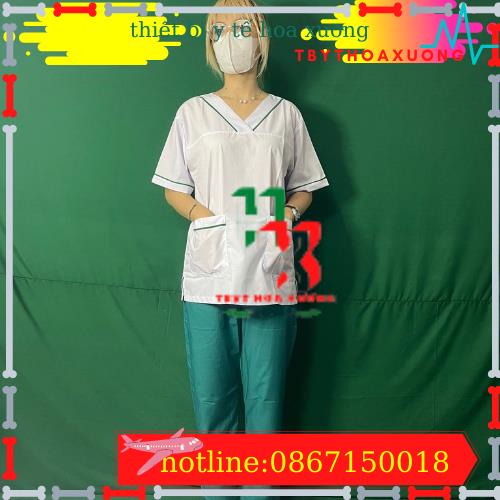 Bộ blouse cổ tim viền xanh lá cây nam nữ cộc tay - bộ scrubs kỹ thuật viên cho điều dưỡng, dược sỹ, y tá, bác sĩ