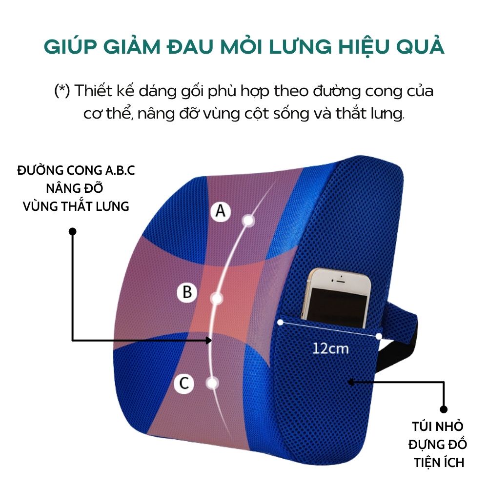 Gối tựa lưng ghế văn phòng ghế ô tô bằng cao su non giảm đau lưng có đai cài, phần vỏ gối bằng vải lưới siêu thoáng mát | BigBuy360 - bigbuy360.vn