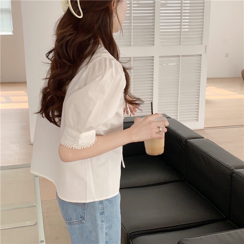 Áo Sơ Mi Trắng Ngắn Tay Tay Bồng Áo Kiểu Có Nơ thời trang mùa hè cho nữ